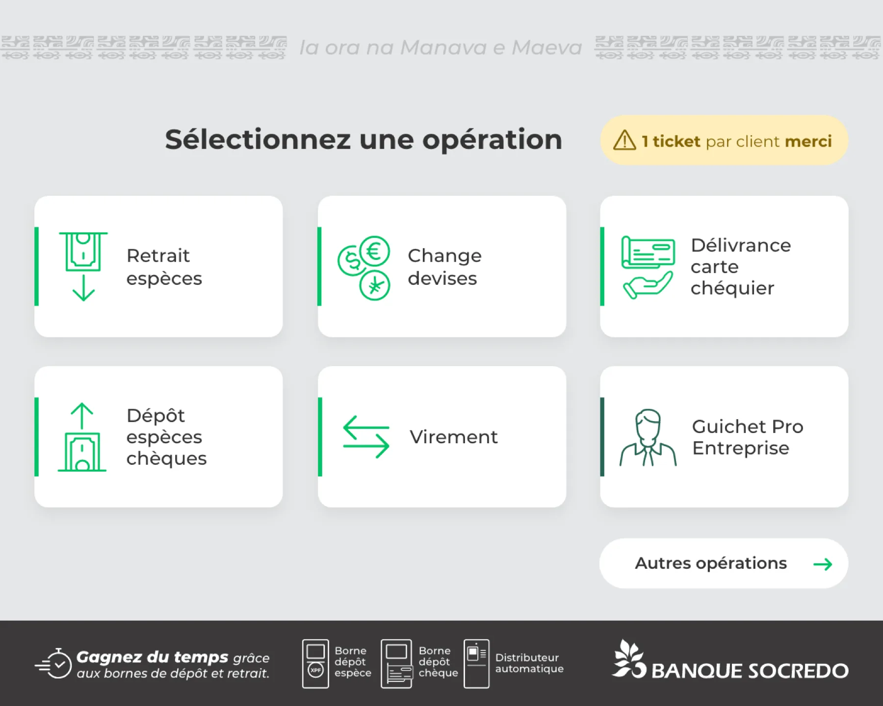 Interface de borne libre-service conçue pour Banque SOCREDO