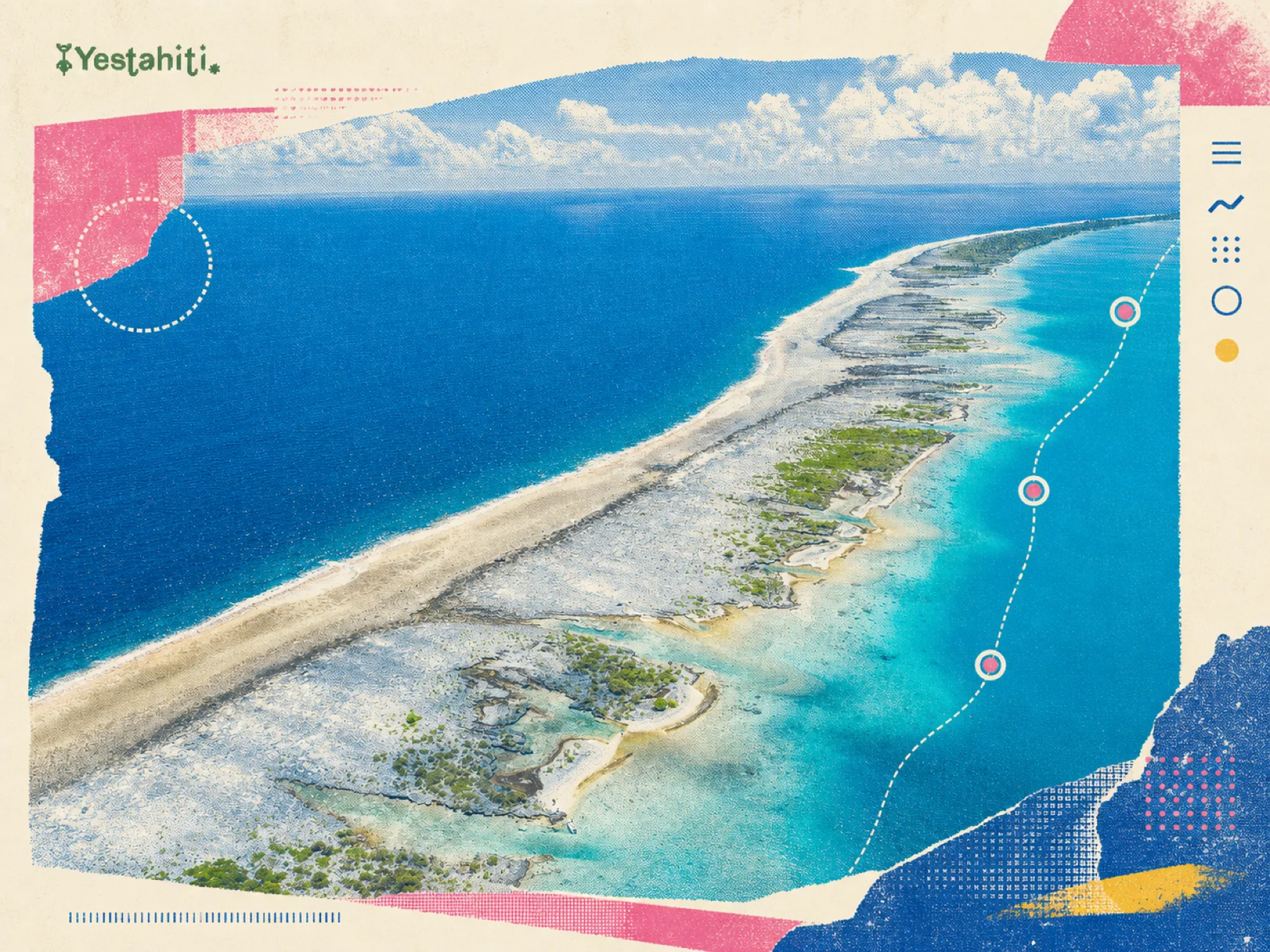 Univers digital du site de voyage Yes Tahiti autour d’une vue aérienne de Fakarava